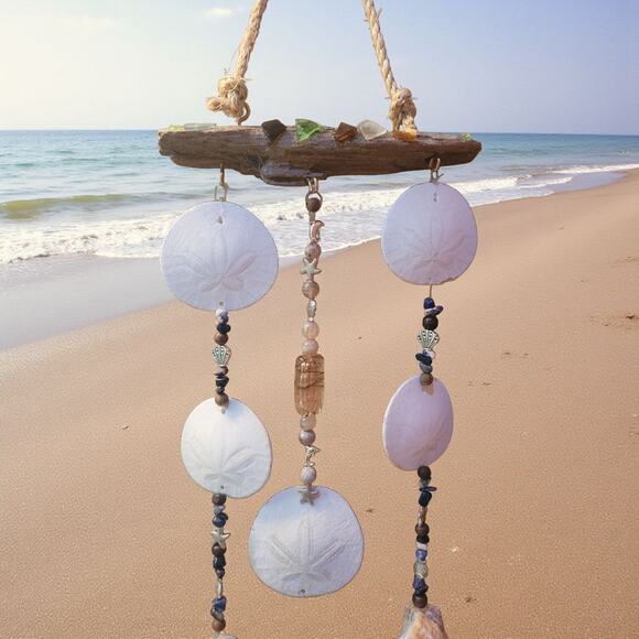Coastal Wind Chime/Mobile Natural Driftwood, Sea Glass, Sand Dollars Handmade - Picture 5 of 5
